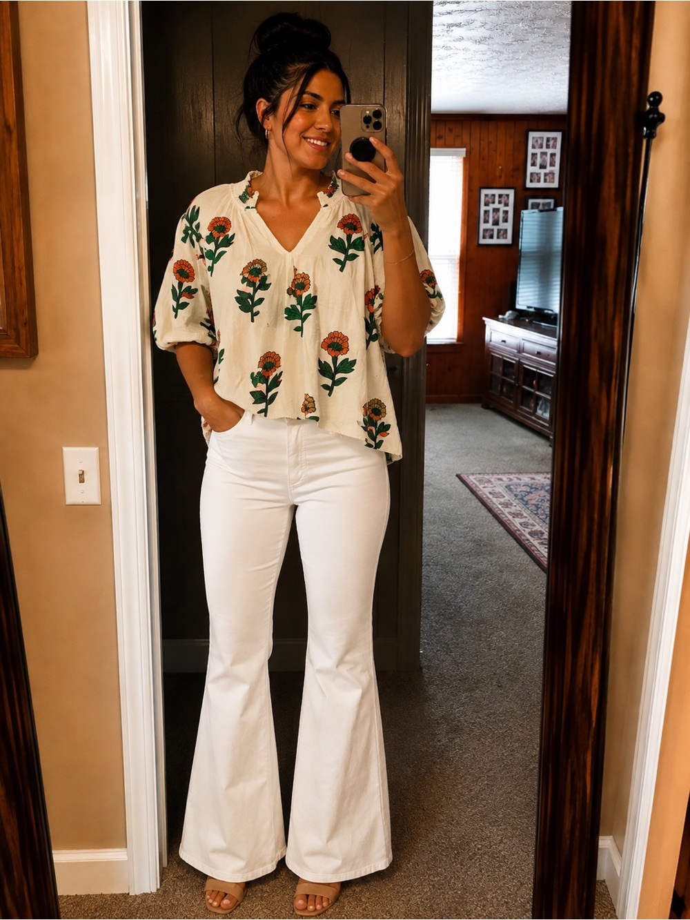 Umgee Cream Floral V-Neck Peasant Blouse with Orange and Green Embroidery
